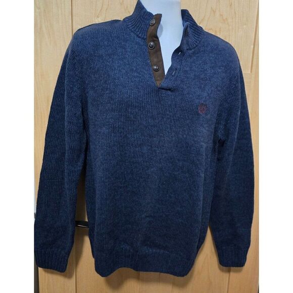 Chaps Navy Blue Mens Pullover Sweater W/ Brown Suede Elbow Patches Button Collar - Picture 2 of 8